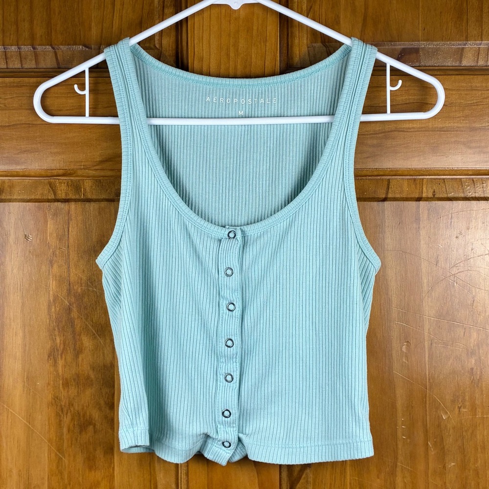 Aeropostale Womens M Ribbed Henley Tank Top Mint Green Snap Front Crop Soft Girl